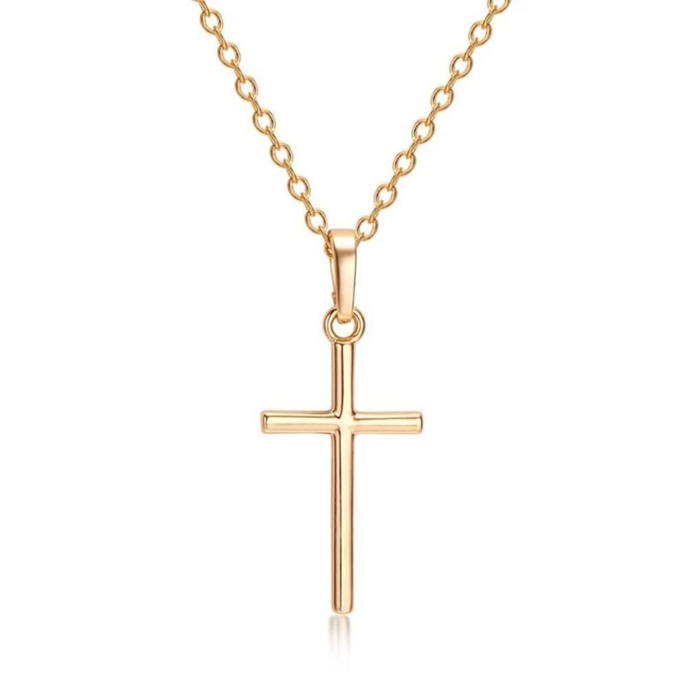 Stainless Cross Pendant Necklace Mens OS Gold Minimalist Cylindrical Bar Chain